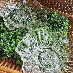 Vintage Federal Pressed Glass Scalloped Edge Fruit Embossed Candle Holders